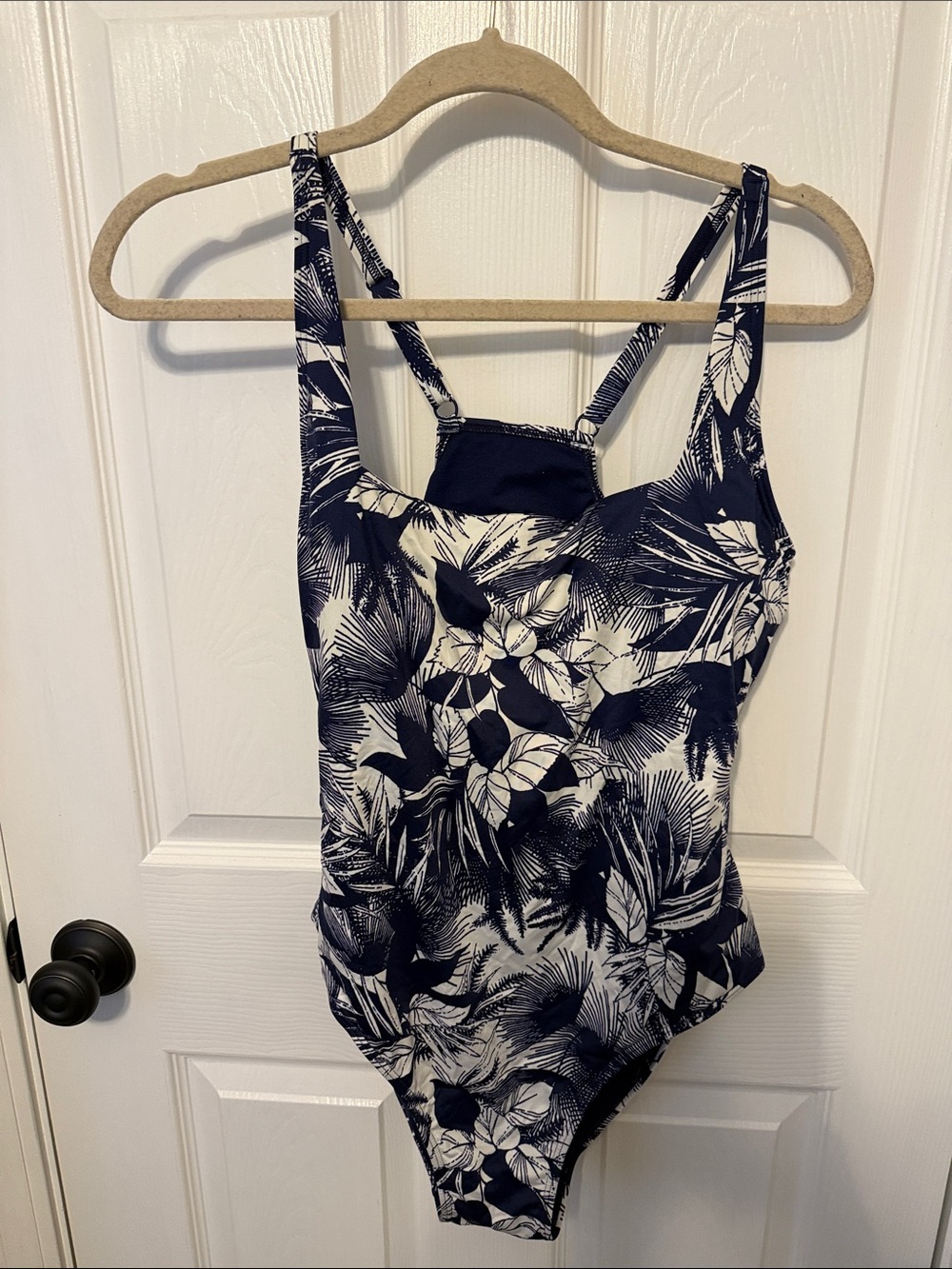Women’s LL Bean Navy & White Tropical One-Piece Swimsuit